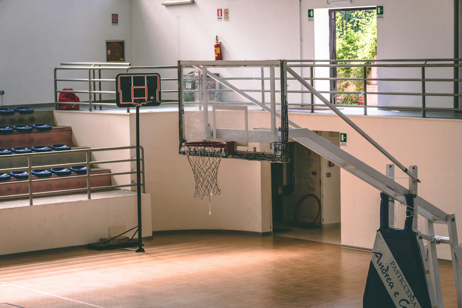 Basketball hoop in a school gym