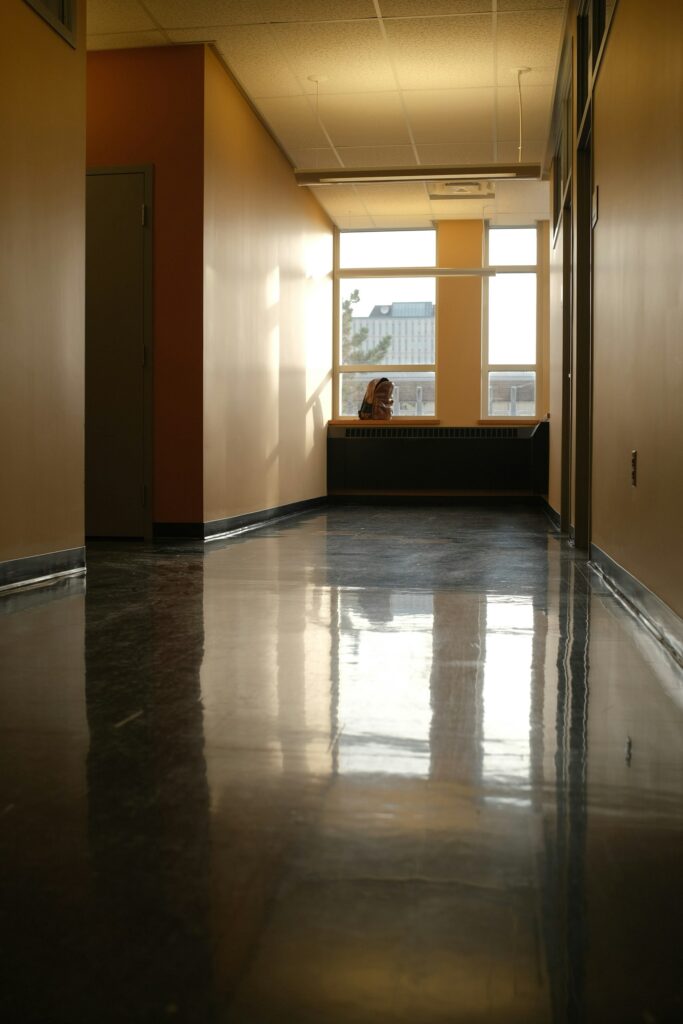 Quiet school corridor in warm light