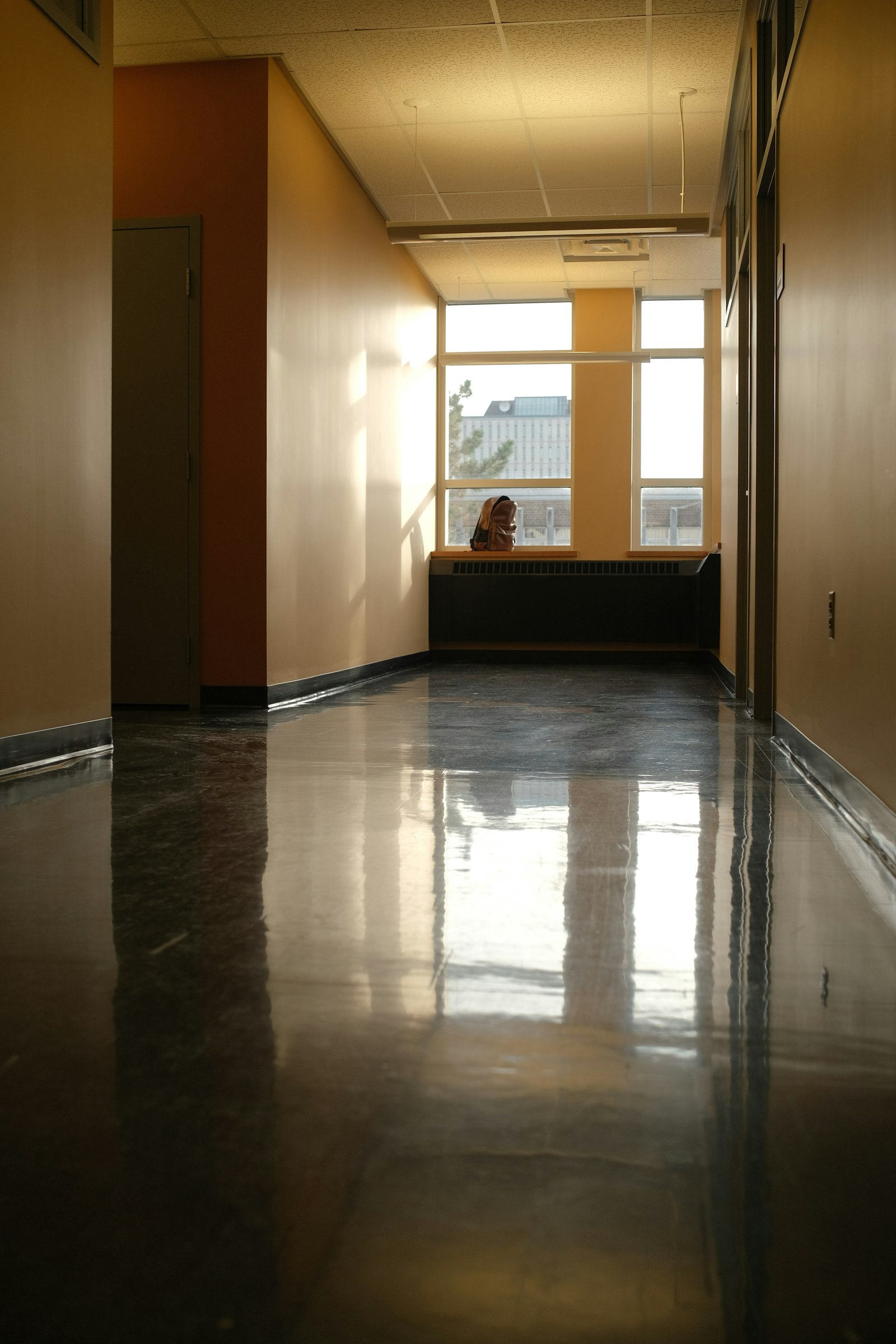 Quiet school corridor in warm light