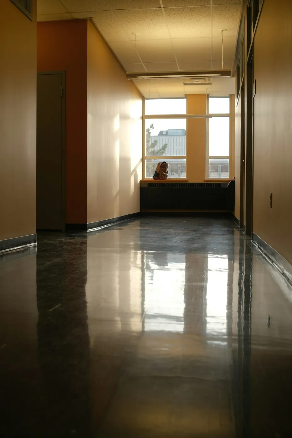 Quiet school corridor in warm light